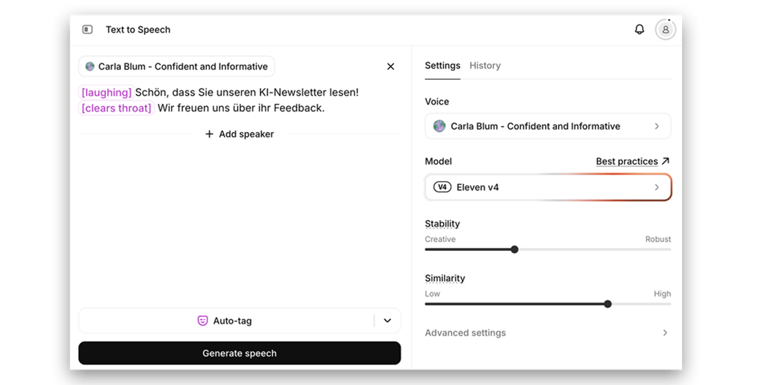 Text to Speech Oberfläche in ElevenLabs